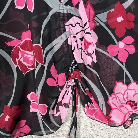 Rampage Blouse Women’s Size M Sheer Pink Red Rose AOP Tie Flutter Sleeve Kaftan - Picture 8 of 15